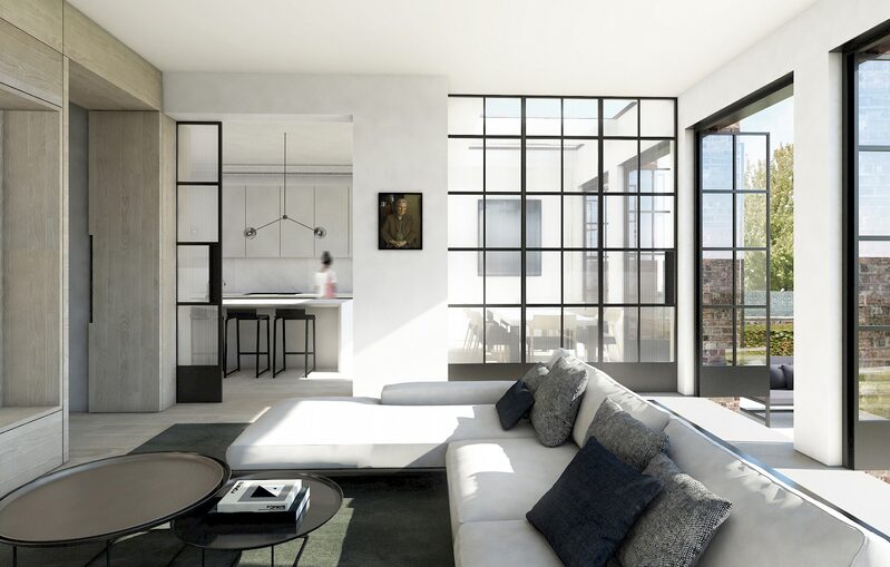 Internal glass screen separating modern kitchen and minimalist living room