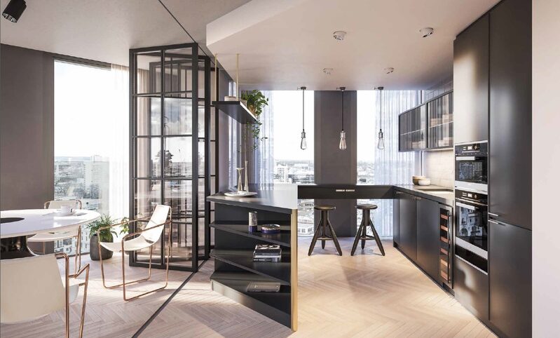 Aluminium framed internal bifolding doors in luxury apartment