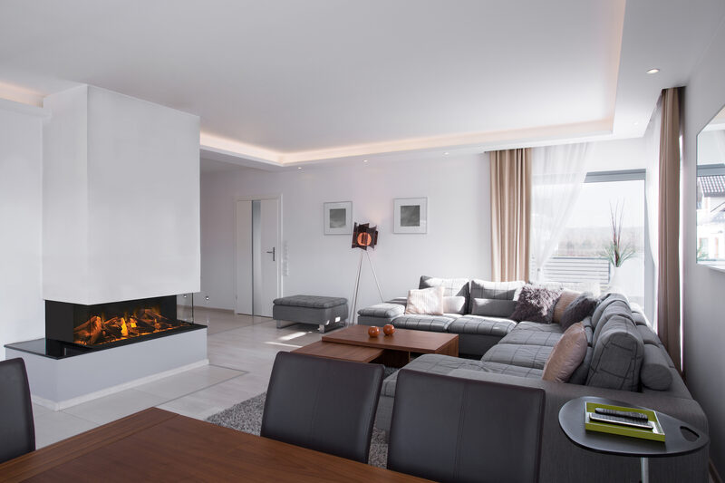 Broken plan layout with fireplace and wall divider