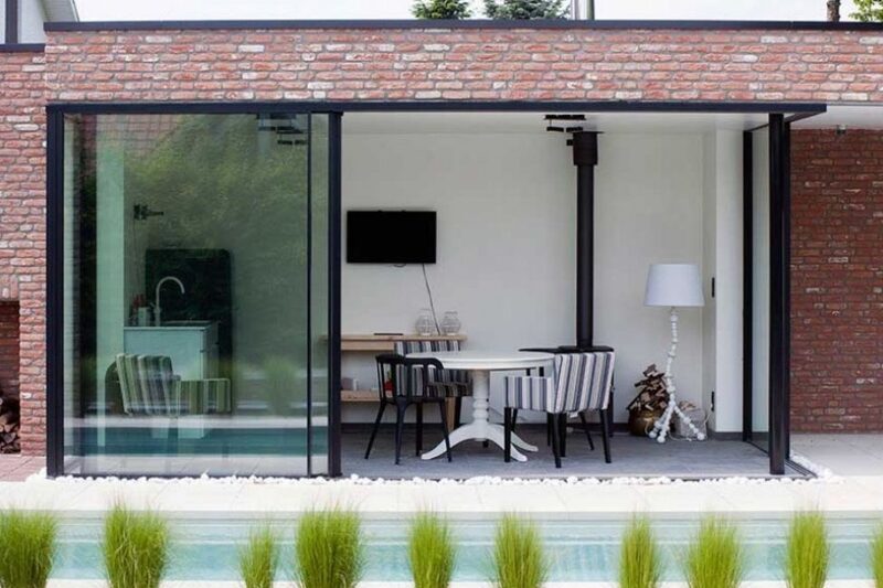 garden room with corner opening sliding glass doors
