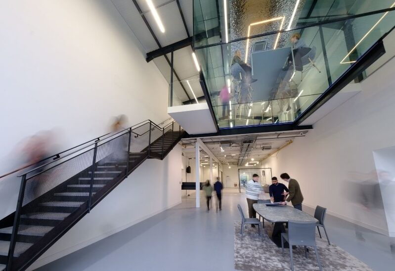 floating glass meeting room in glazing showroom