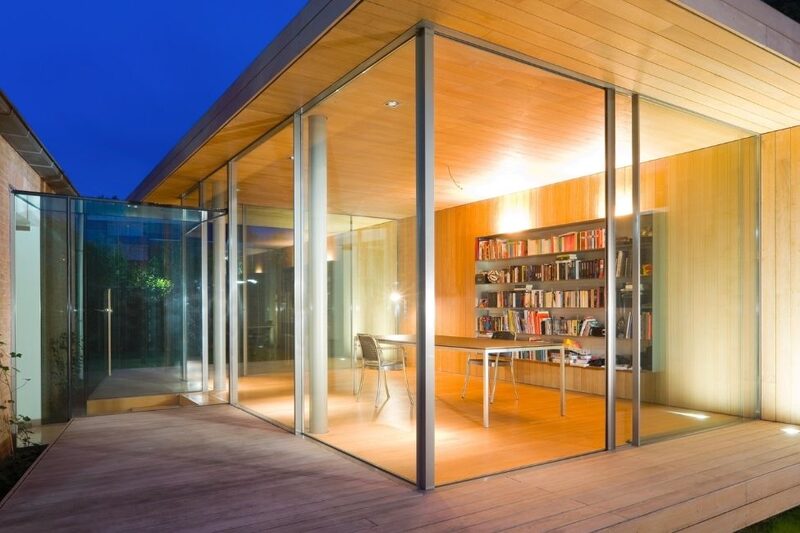 garden office with sliding glass doors