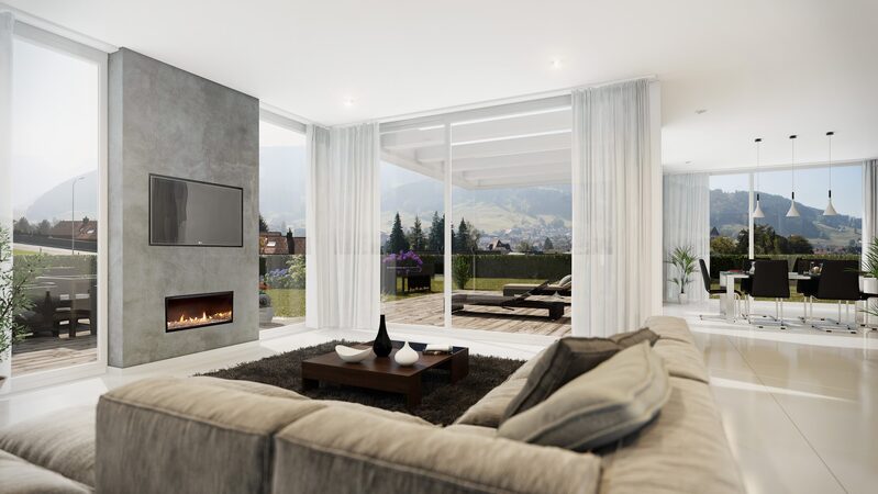 Glass fronted fireplace integrated in contemporary statement wall