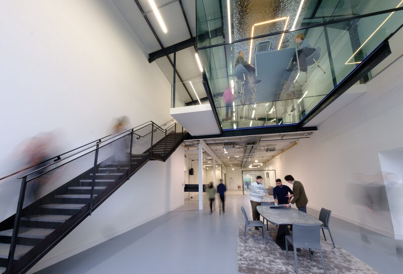 cantilevered glass box in glazing showroom Amersham
