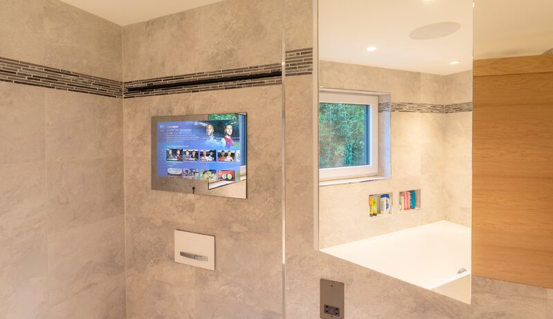 Smart home technology, television screen in bathroom