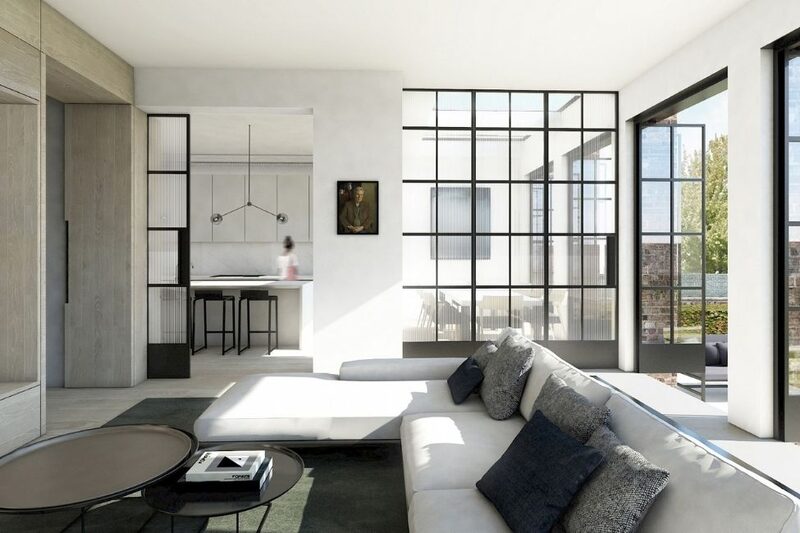 monochrome interior design with steel framed glazing