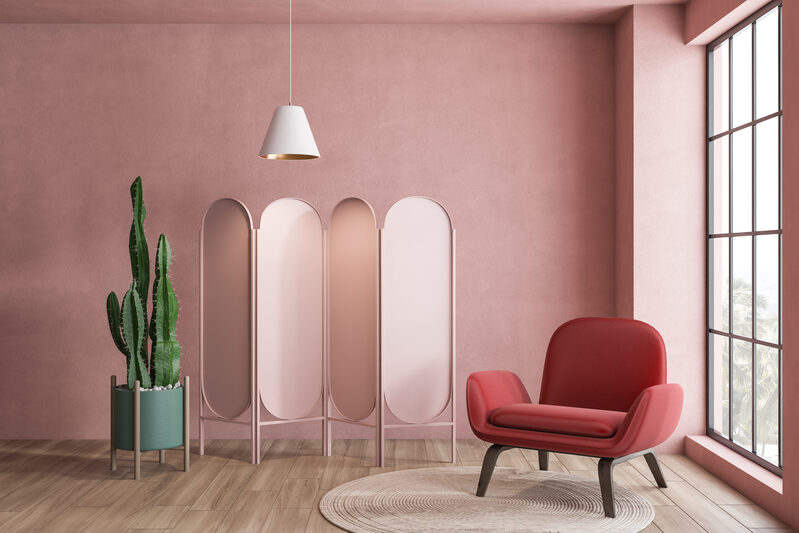 Pink interior design scheme, with bronze window frames on the internal face
