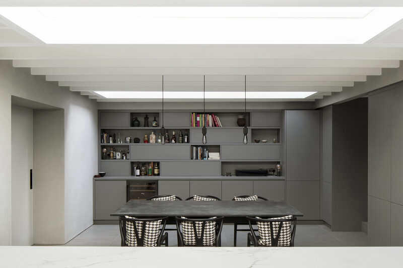 Black and white monochrome dining area