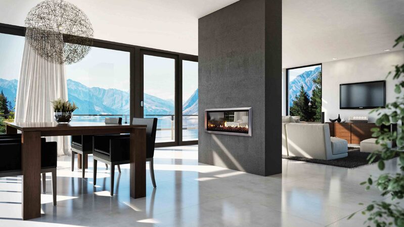 Tunnel fireplace in open plan living space