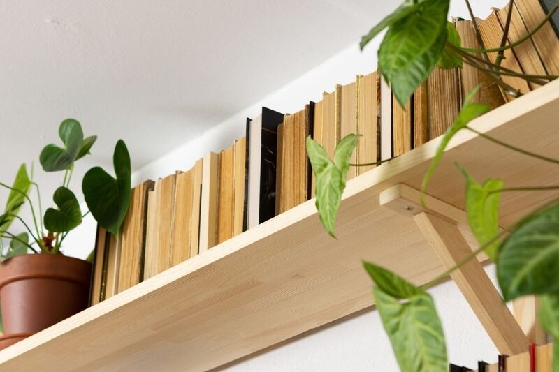 wooden bookshelf with house plants
